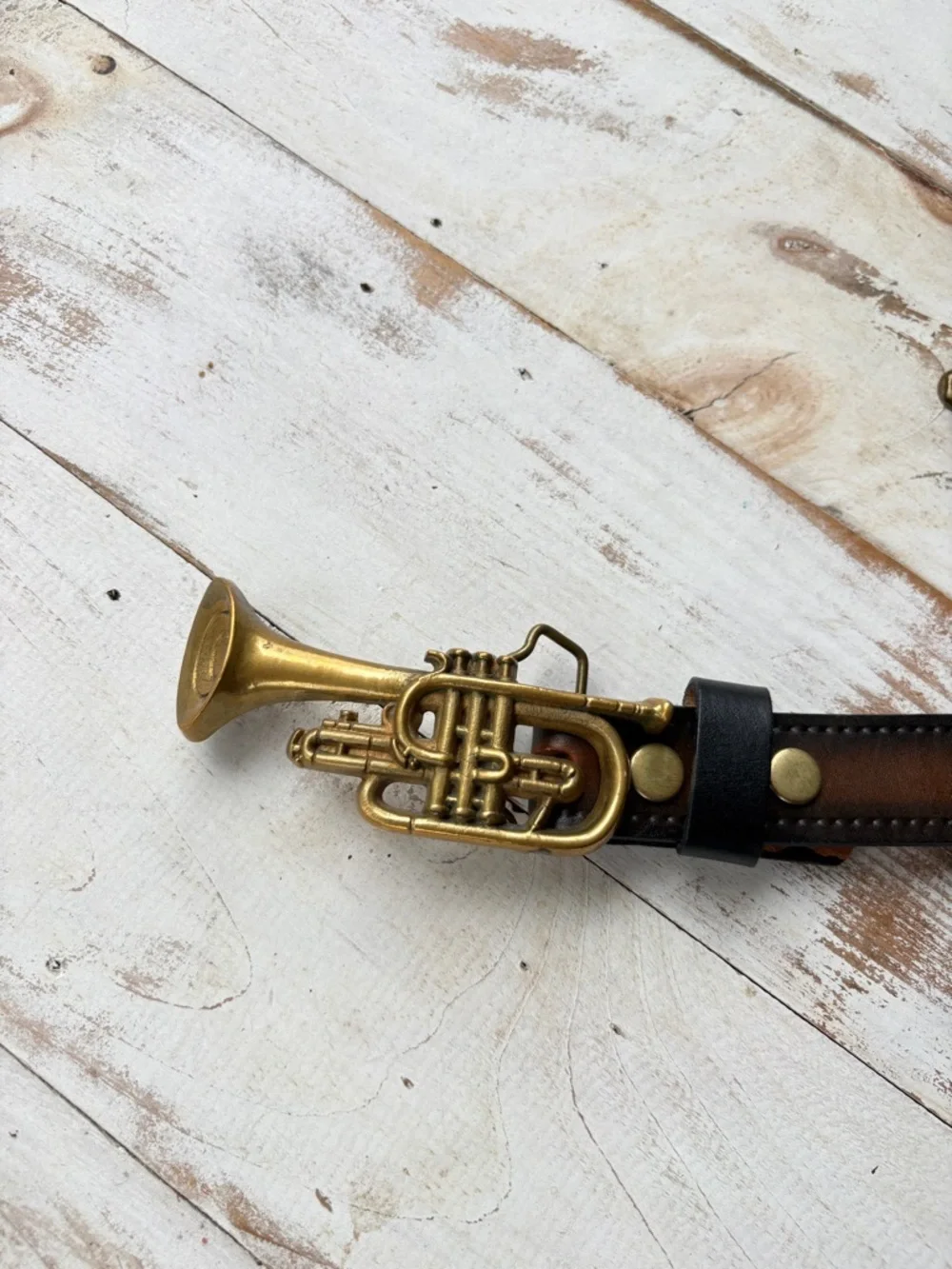 Vintage Baron solid Brass belt Buckle cornet trumpet music band 70s sz 34 belt
